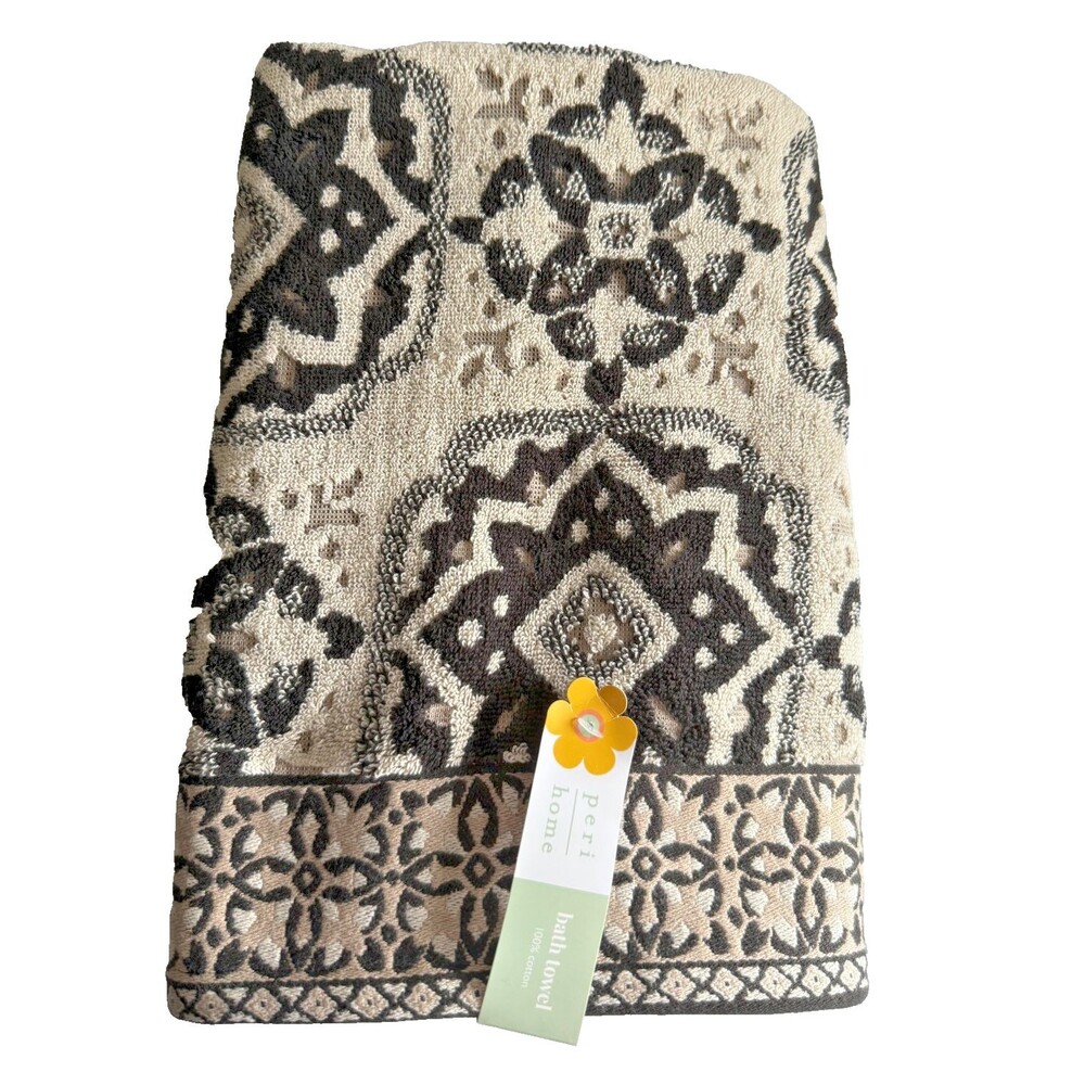 Peri Home Bath Towels Set Of 2 Medallion Moroccan Tile Design Black Cream